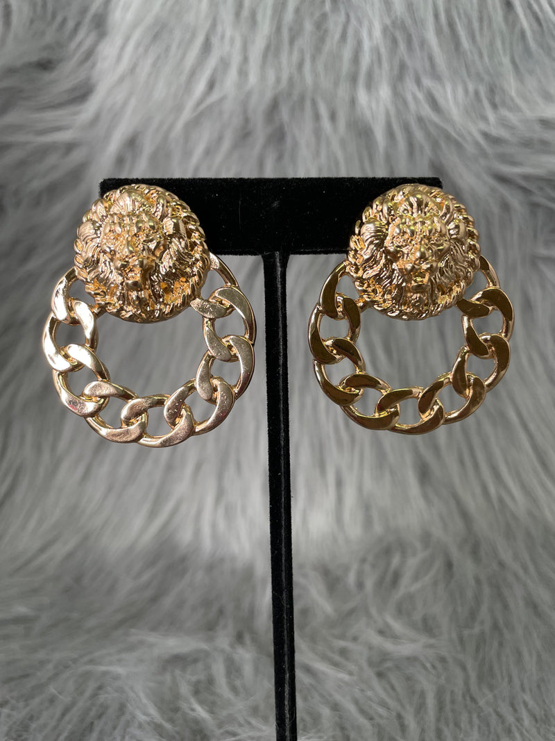 Lion Head & Chain Circle Earrings