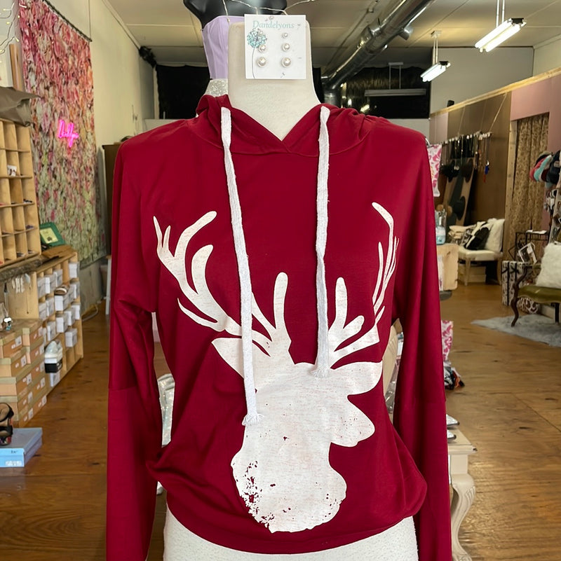Burgundy Deer Hoodie Long Sleeve