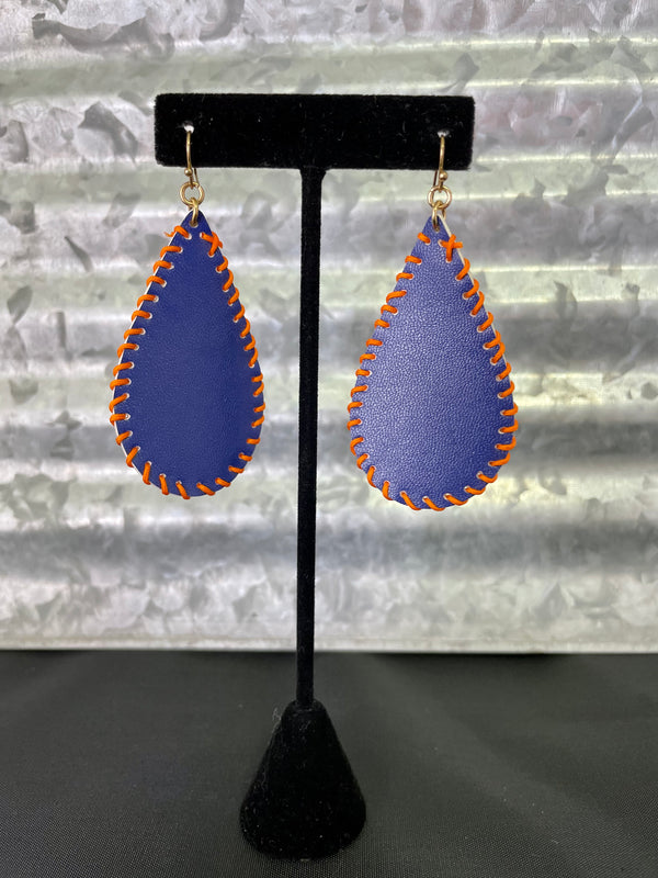 Blue and Orange Stitched Teardrop Earrings