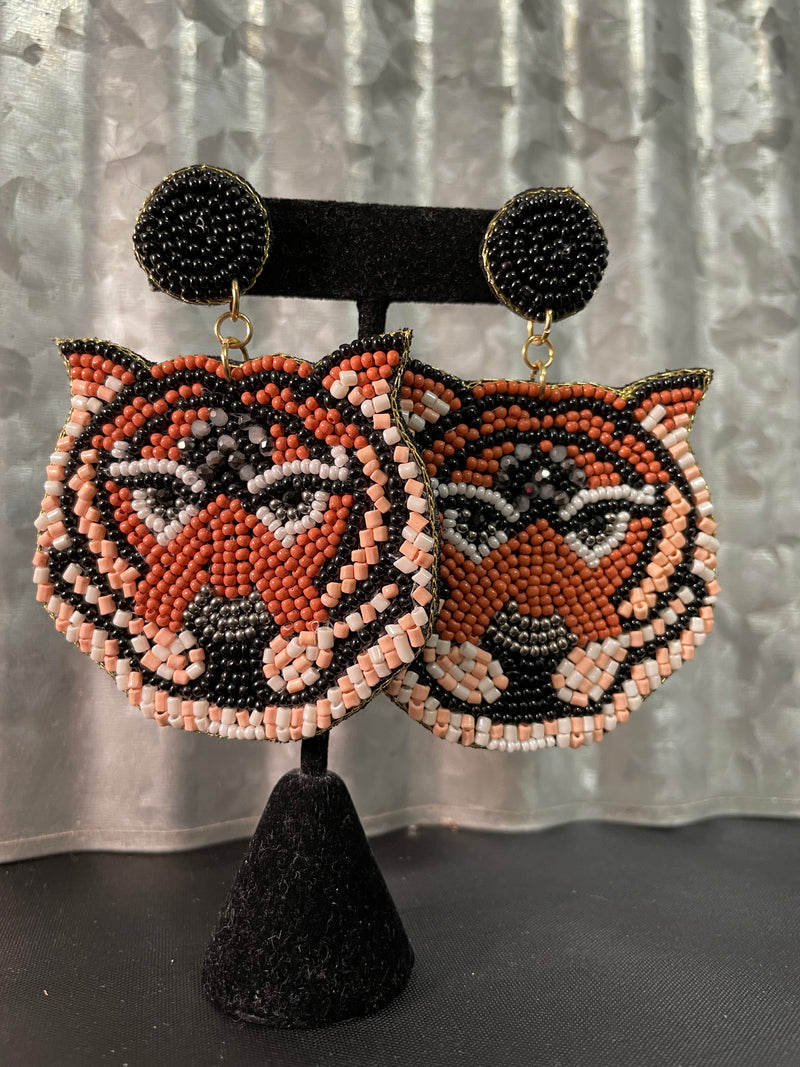 Brown Beaded Tiger Earrings