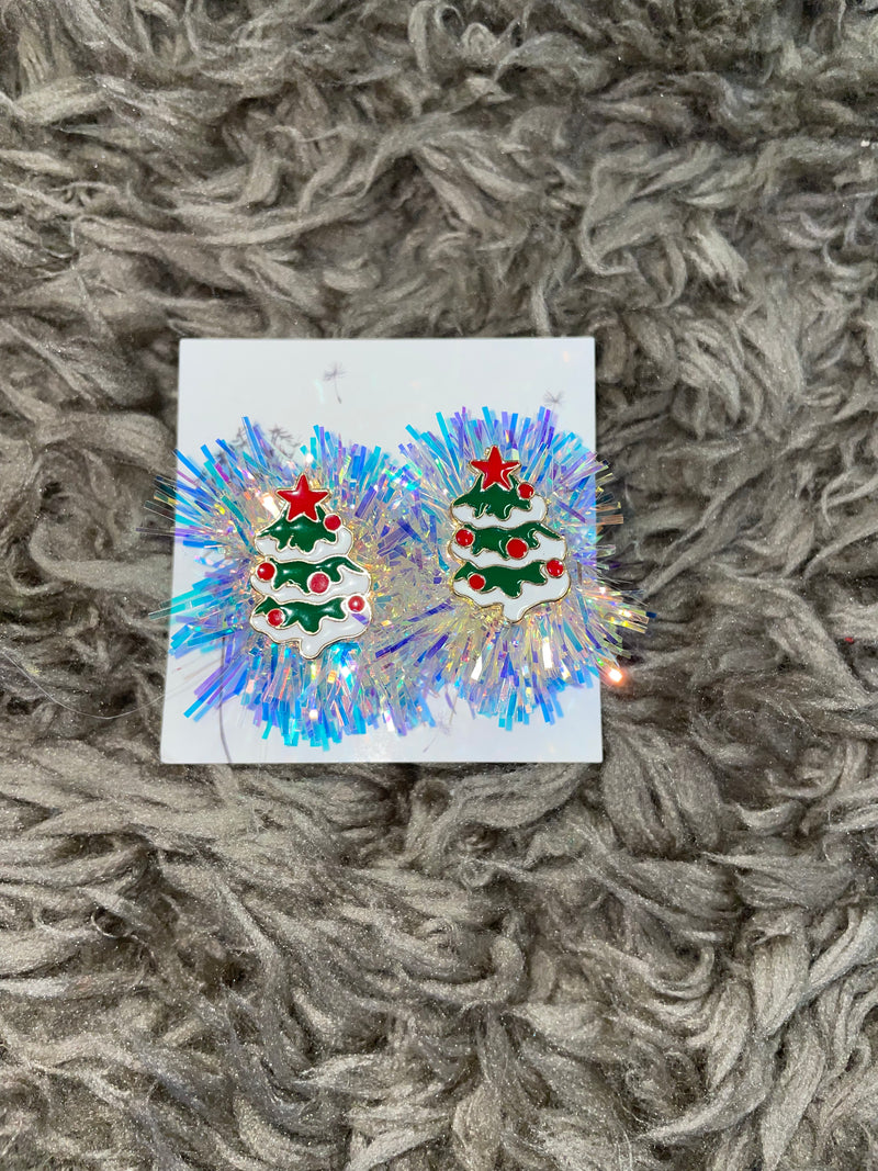 Iridescent Pom Pom Christmas Tree Earrings
